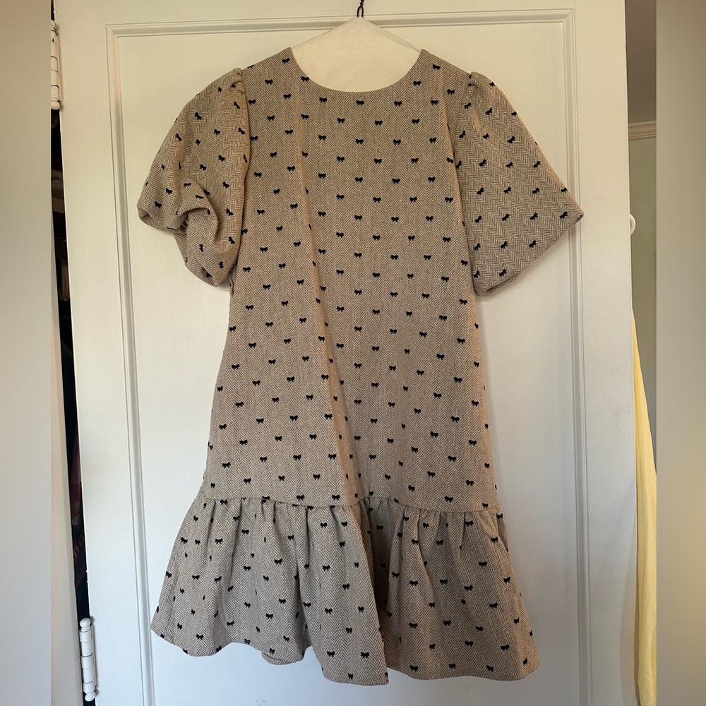 Beige Dress with Black Bow Pattern